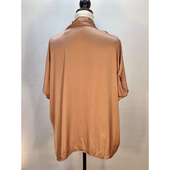 Sofia Made In Italy Womens OS Loose Fit Satin Blouse Caramello Lagenlook Classic - Picture 3 of 6